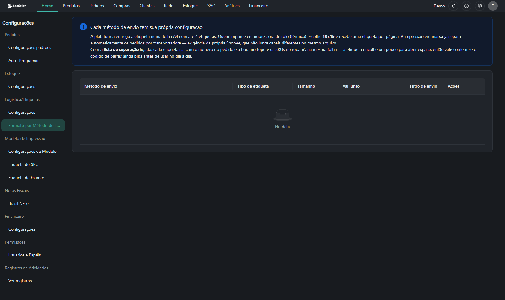 Configuração de etiqueta por método de envio