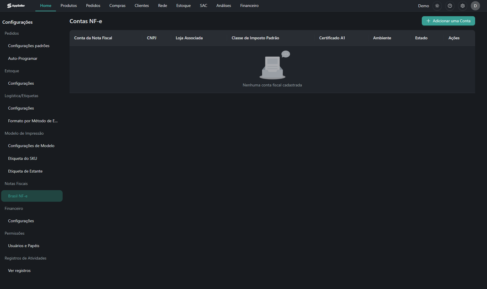 Tela de configuração de notas fiscais