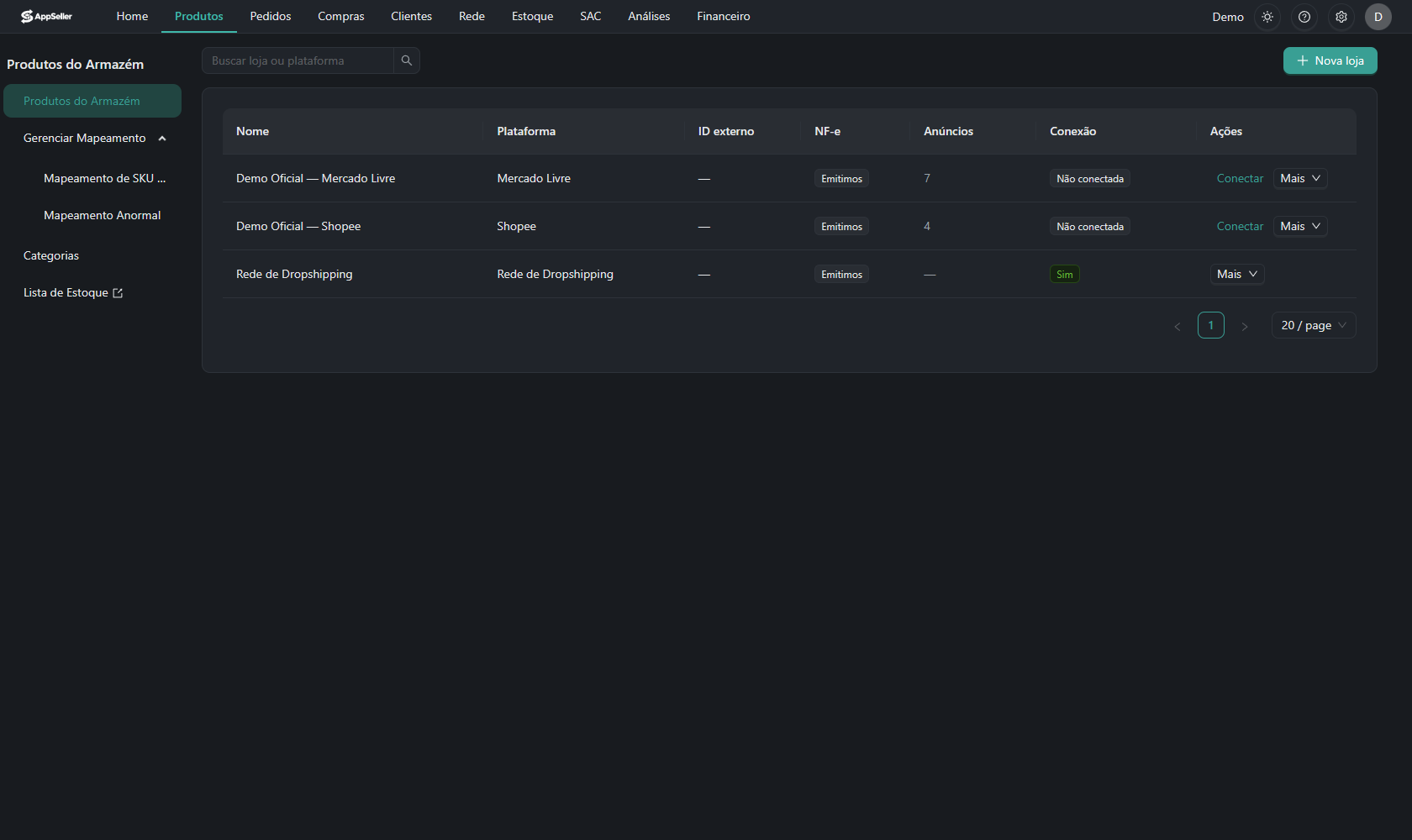 Lista de lojas conectadas por marketplace