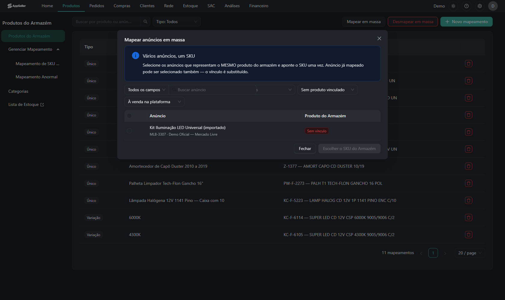 Modal de mapeamento em massa com filtros e seleção